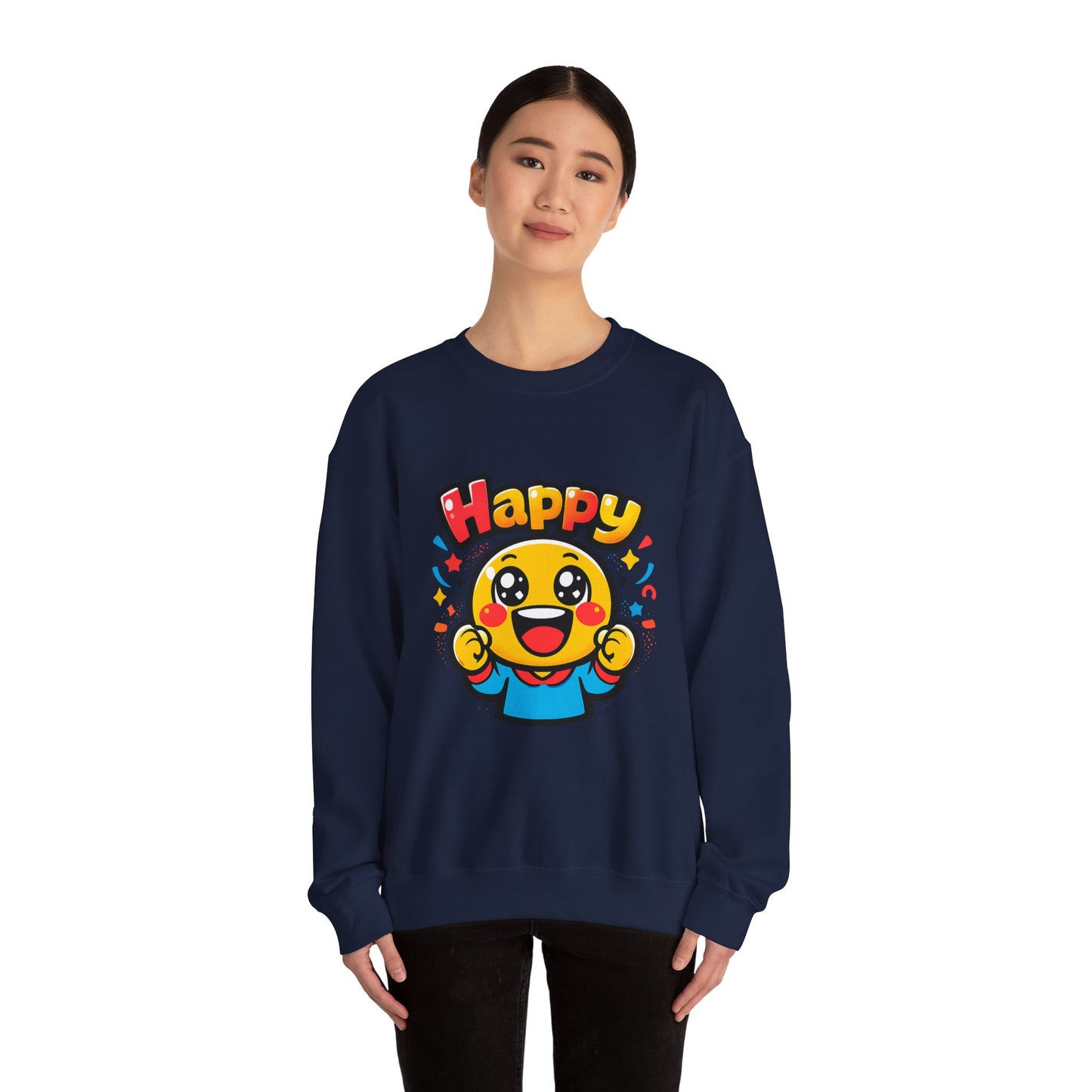Happy Emoji Cartoon Crewneck Sweatshirt | kawaii minimal, thick outline