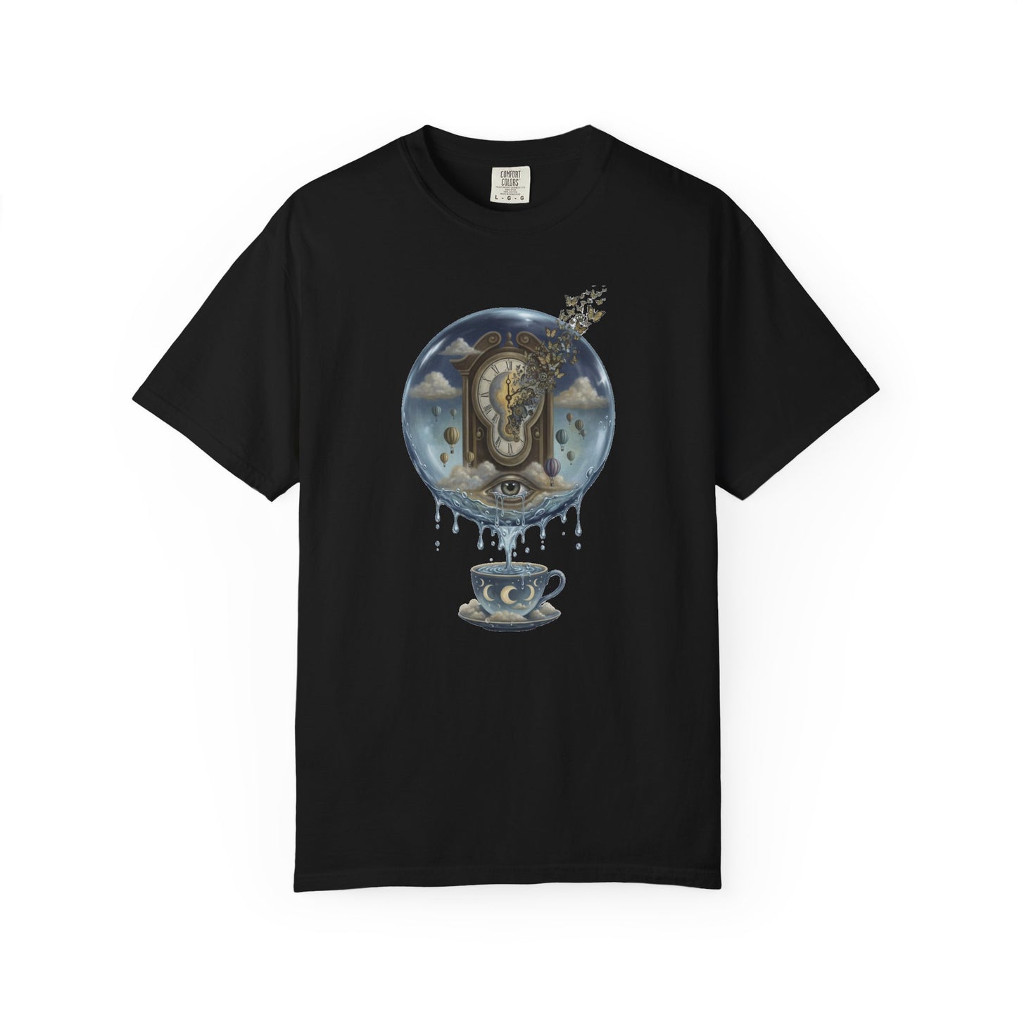 Surreal Tea Time T-Shirt — Dreamscape Cup & Floating Clock Graphic
