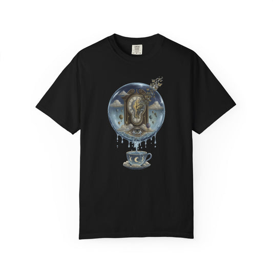 Surreal Tea Time T-Shirt — Dreamscape Cup & Floating Clock Graphic