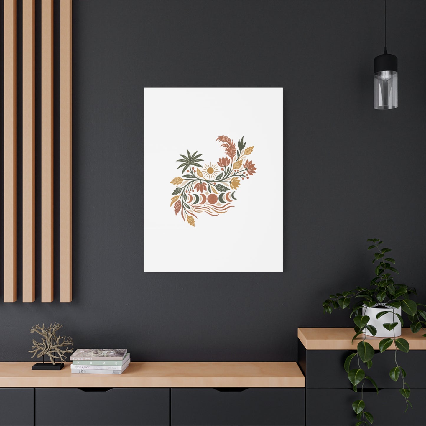 Boho Floral Moon Phase Canvas Print — Matte Stretched Wall Art