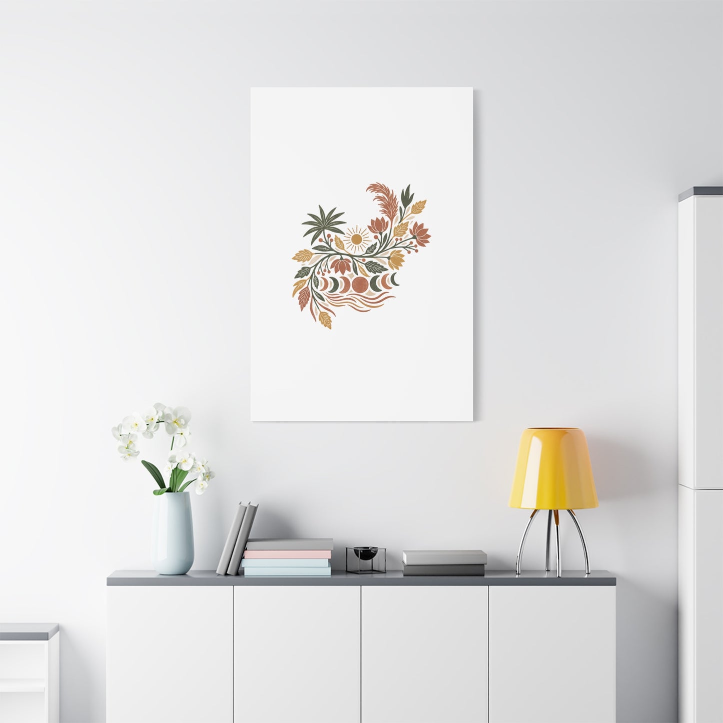 Boho Floral Moon Phase Canvas Print — Matte Stretched Wall Art