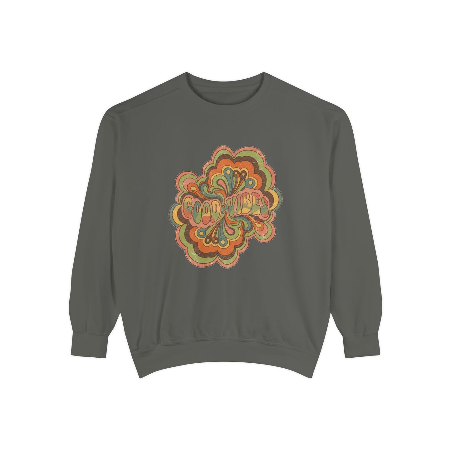 Retro 'Good Vibes' Garment-Dyed Sweatshirt — Vintage Mushroom Graphic