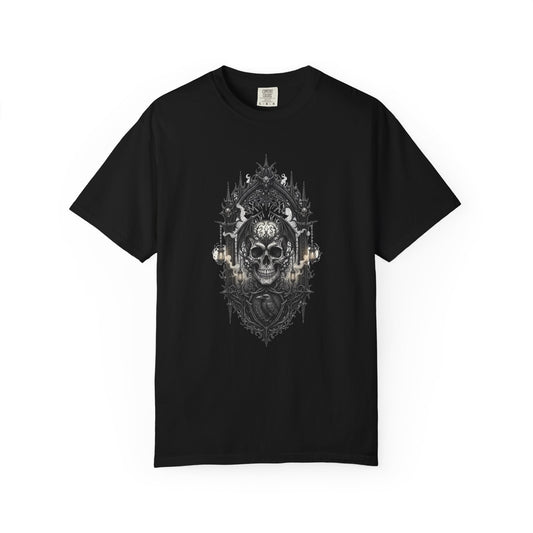 Skull Cathedral T-Shirt — Gothic Skull & Candle Graphic Tee