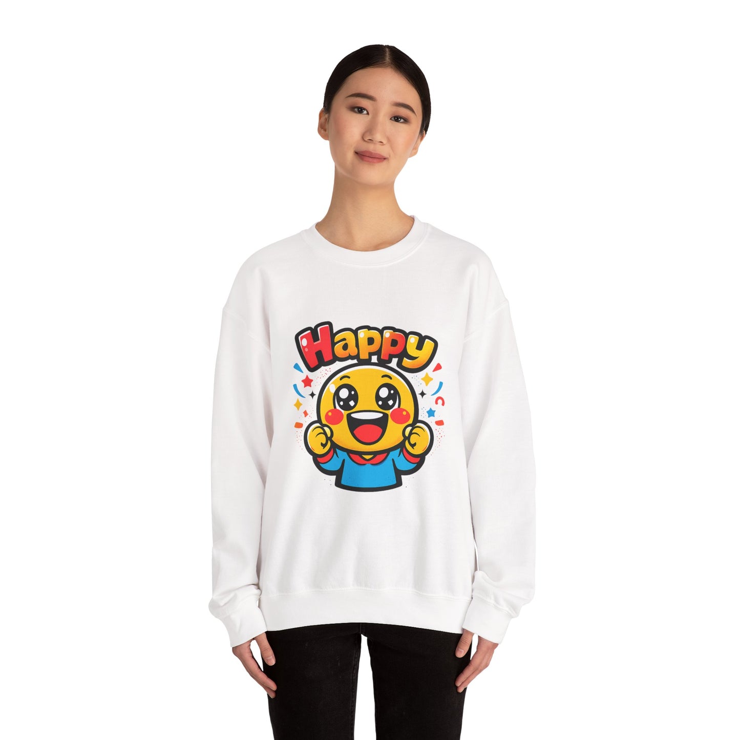 Happy Emoji Cartoon Crewneck Sweatshirt | kawaii minimal, thick outline