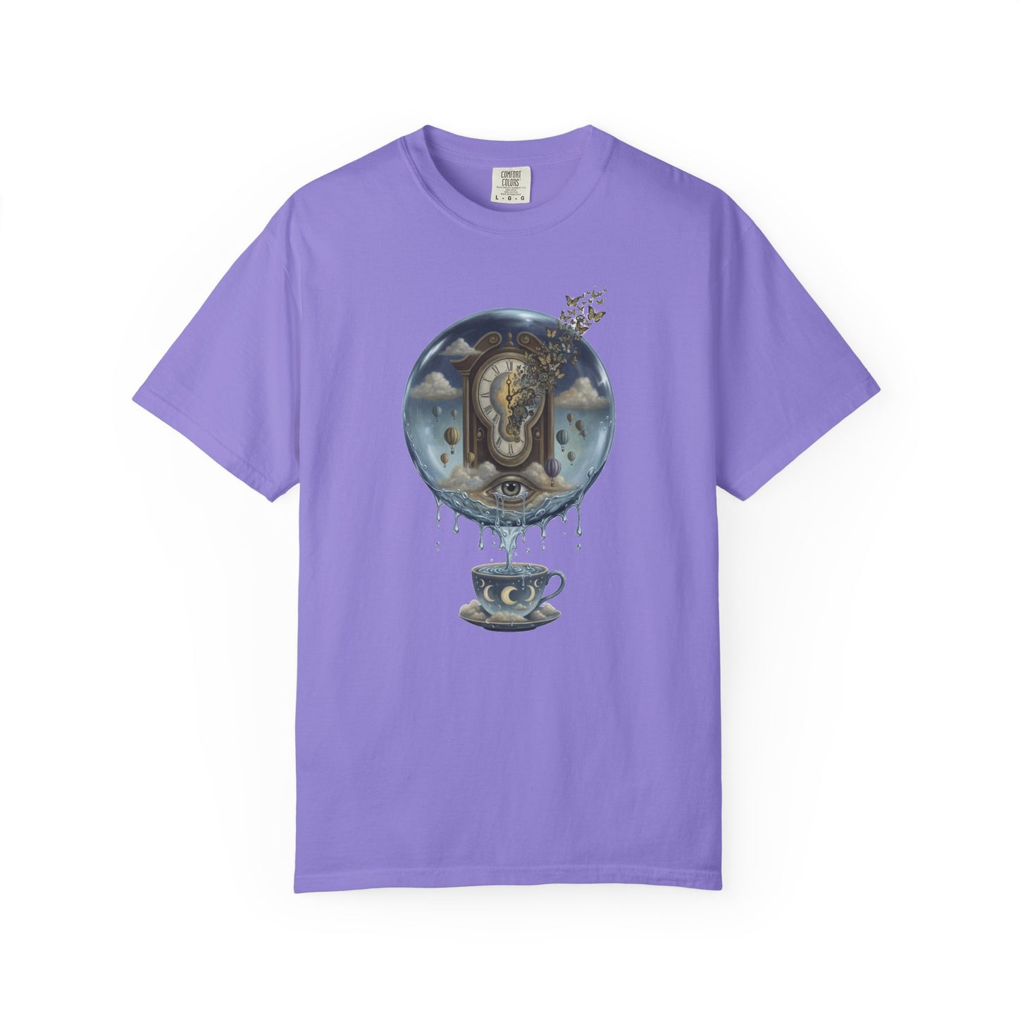 Surreal Tea Time T-Shirt — Dreamscape Cup & Floating Clock Graphic