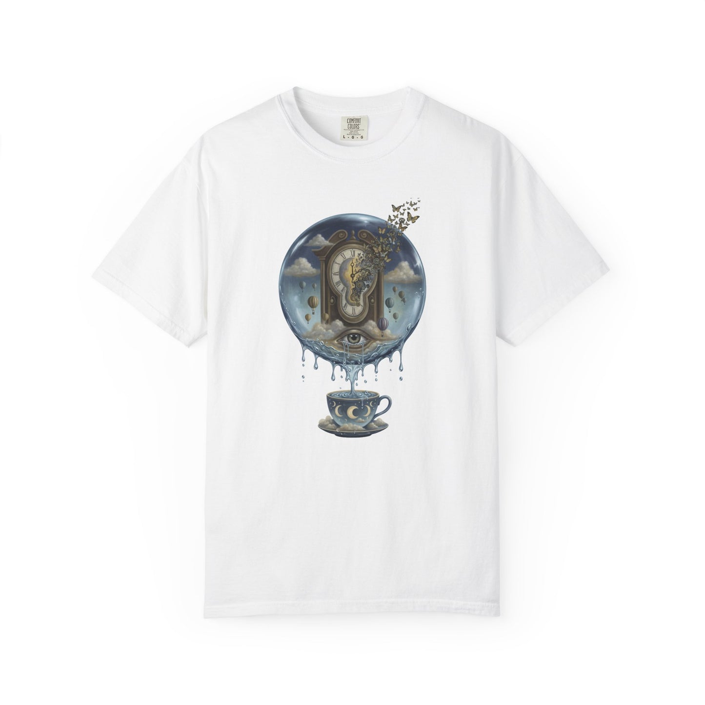 Surreal Tea Time T-Shirt — Dreamscape Cup & Floating Clock Graphic