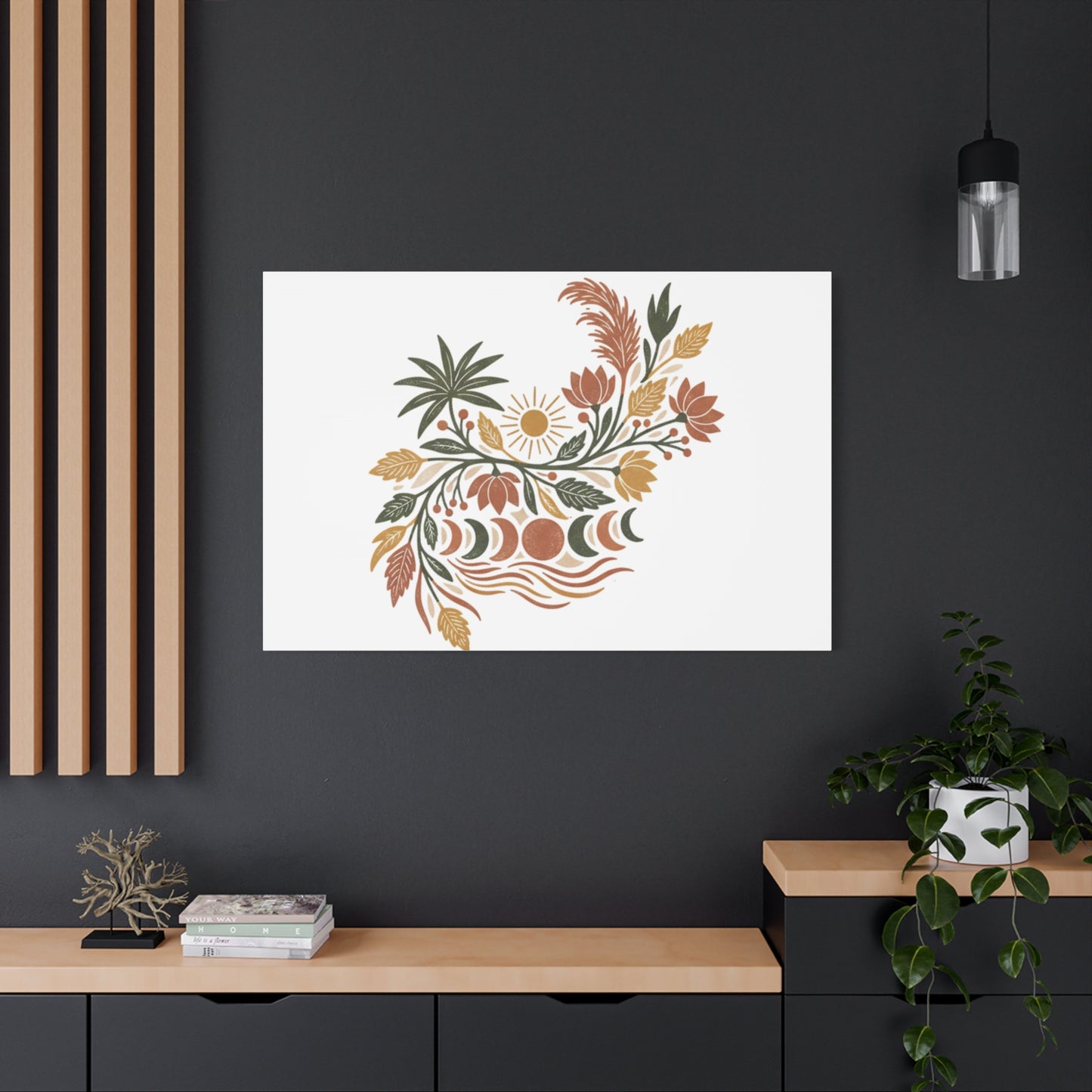 Boho Floral Moon Phase Canvas Print — Matte Stretched Wall Art
