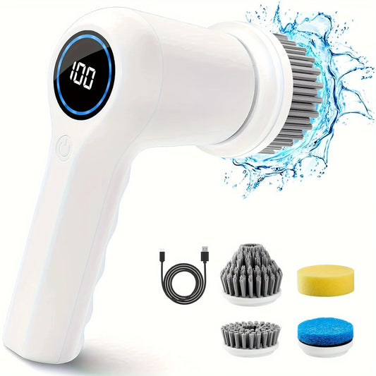 Electric Spin Scrubber, Cordless Shower Scrubber with Battery Level Display, 2 Speeds Electric Scrubber for Cleaning with 5 Repl