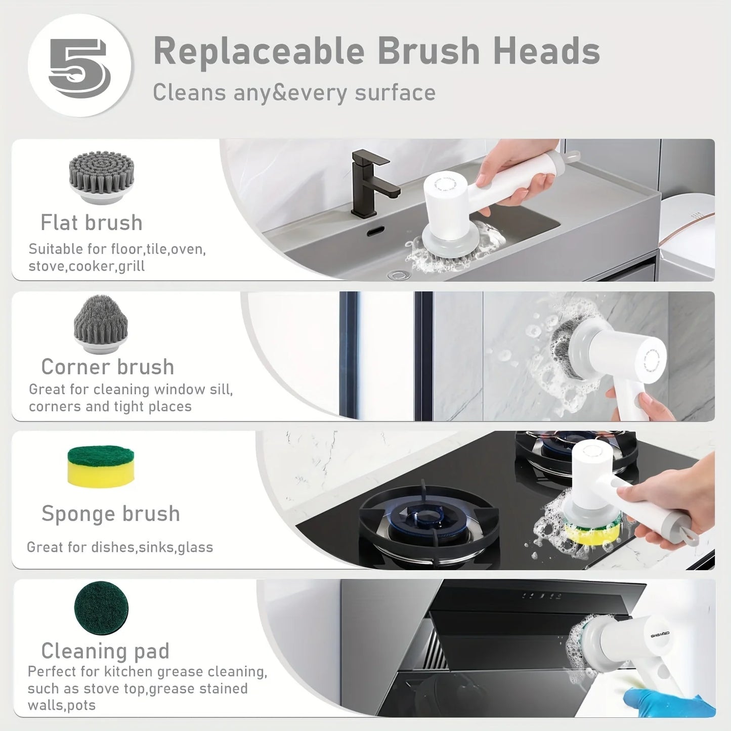 Electric Spin Scrubber, Cordless Shower Scrubber with Battery Level Display, 2 Speeds Electric Scrubber for Cleaning with 5 Repl