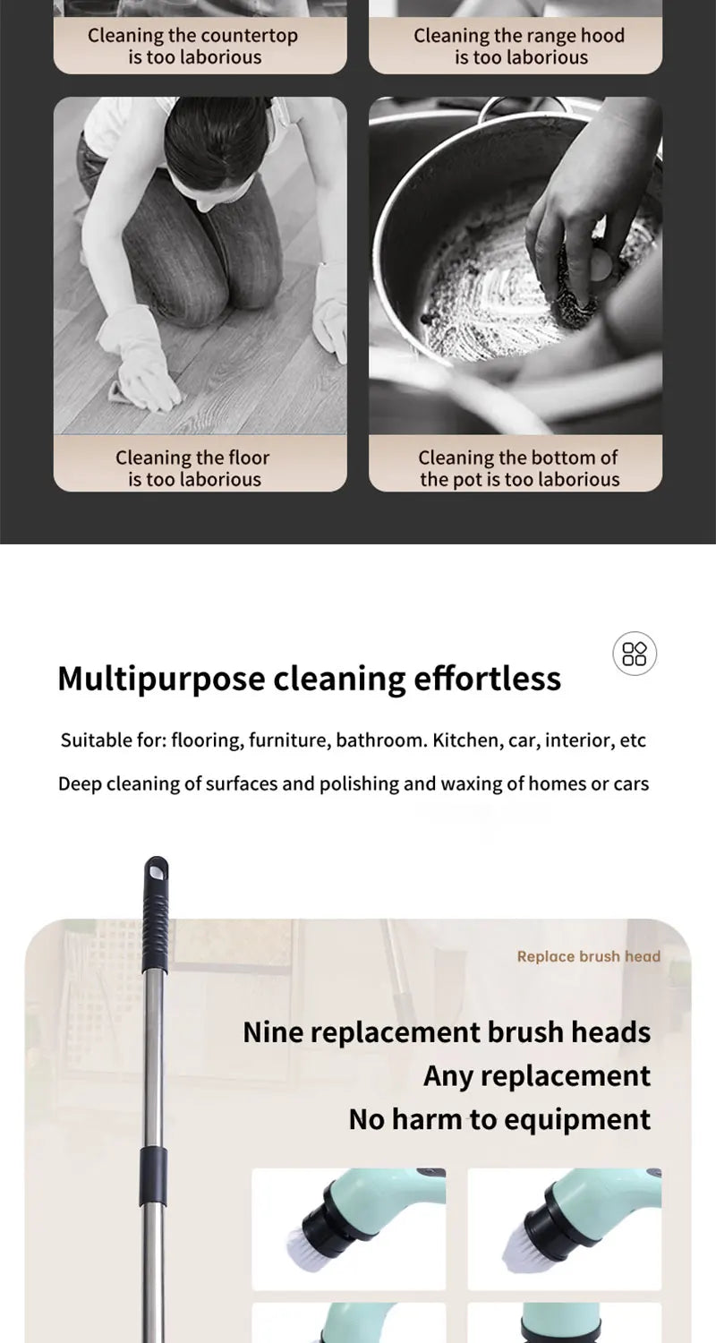 9-in-1 Electric Spin Scrubber - Cordless Shower Brush with Adjustable Handle & Replaceable Heads, Bathroom Tile Scrubber