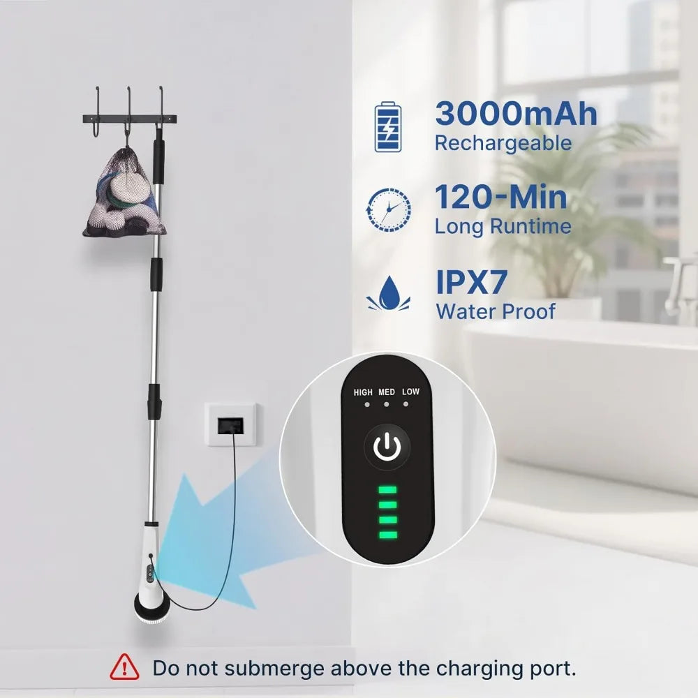 8 in 1 Electric Spin Scrubber for Cleaning Bathroom, 3000mAh Power Scrubber Cordless Cleaner with Long Handle