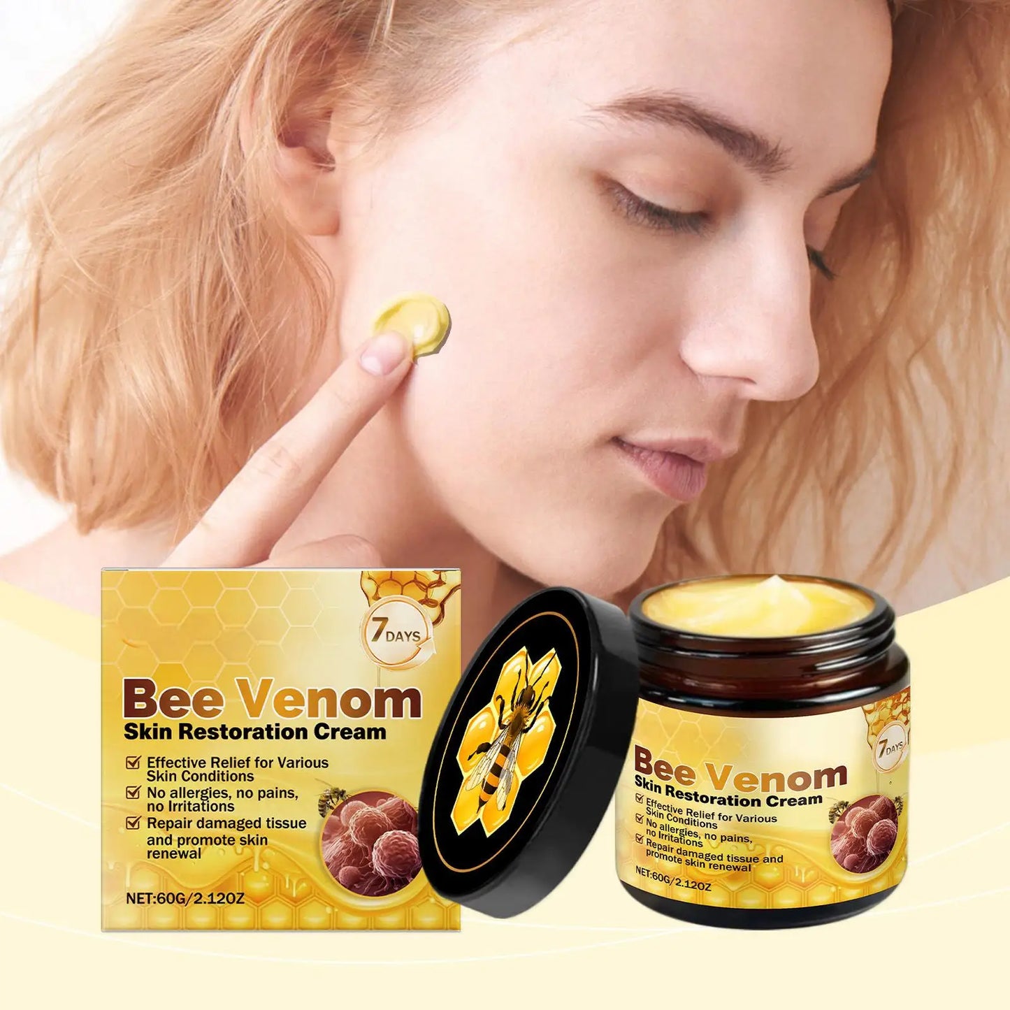 Bee Venom Cream for Sensitive Skin Care - Skin Barrier Repair Treatment Reduce Redness & Blemishes Skin Renewal Moisturizer 60g