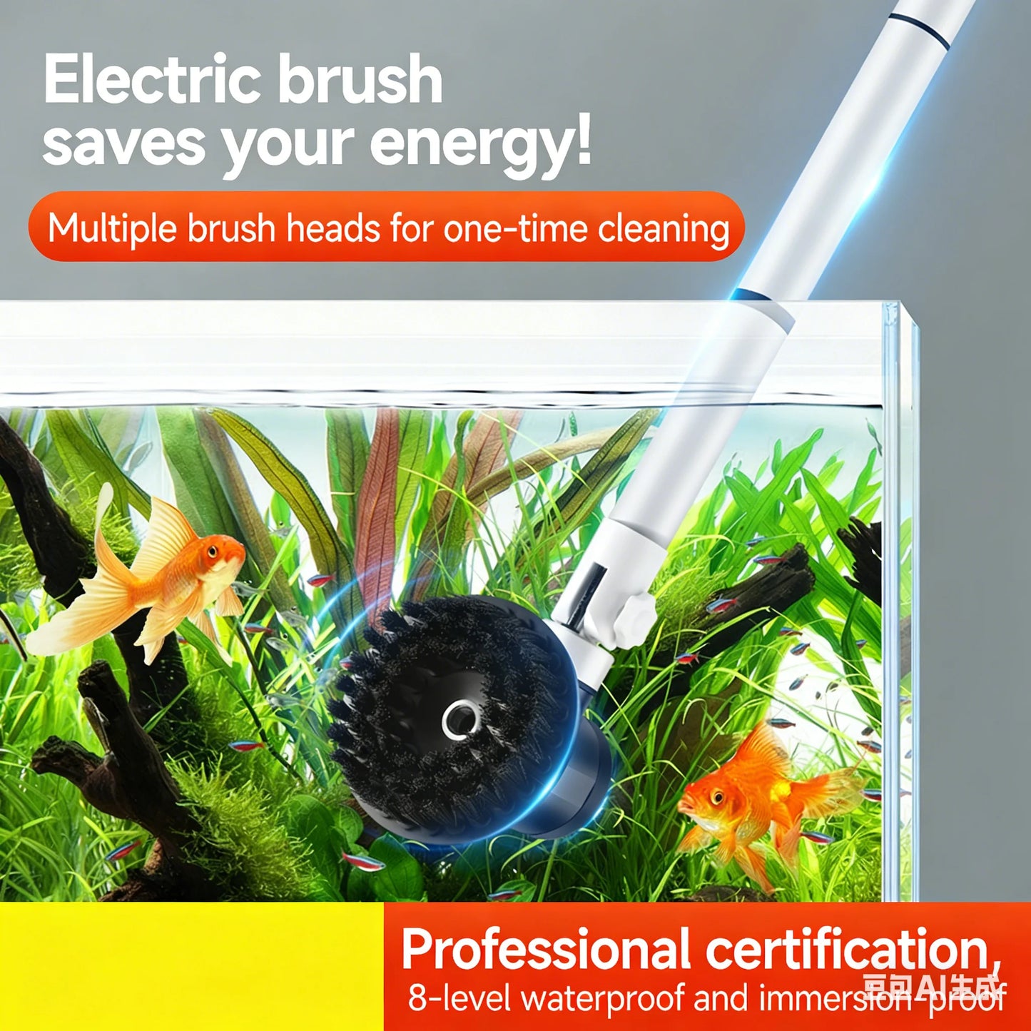 Worthlot Electric Fish Tank Brush Ipx8 Waterproof 48W 136cm Long Handle for Deep Water Work, Powerful Motor, Fish Tank and Aquarium Algae Removal Cleaning Tool