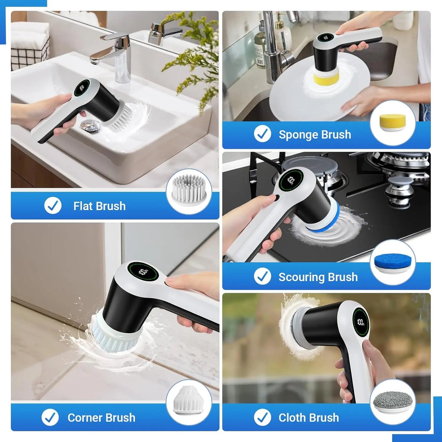 Cordless Electric Spin Scrubber with 6 Brush Heads, 2 Speeds & Battery Display for Bathroom Sink Window Cleaning