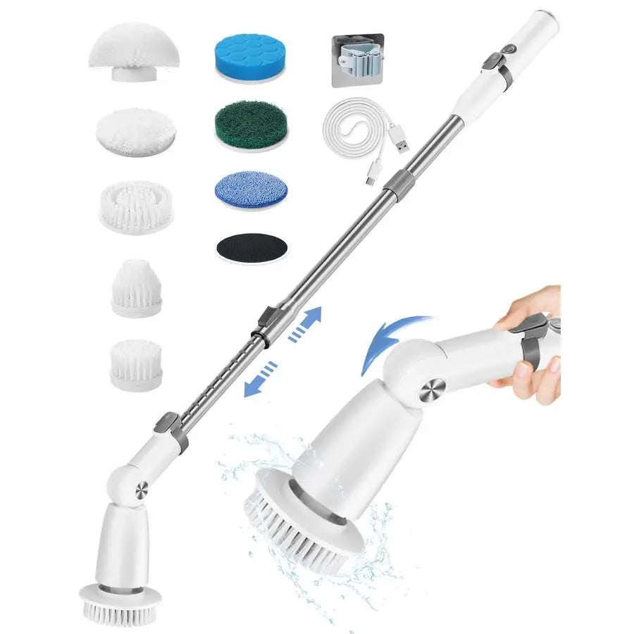 Spin Scrubber Brush Cordless Shower Scrubber with Long Handle, 8 Brush Heads amp 3 Adjustable Angles, Dual Speed Electric Scrubb