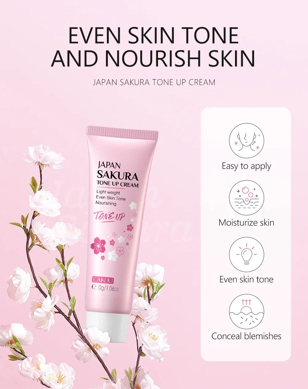 LAIKOU Cherry Blossom Suyan Cream Moisturizing Lazy Face Cream Tone up Brighten Skin Care Products Waterproof Sweatproof 30g