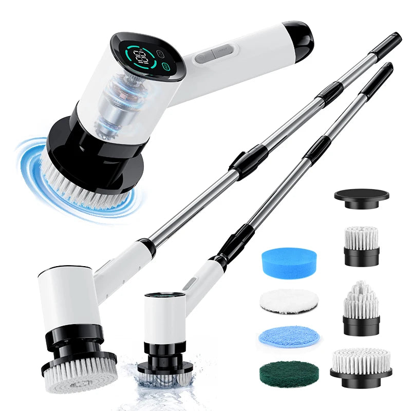 Cordless Electric Spin Scrubber with Dual Speed Settings Adjustable Detachable Handle with 7 Interchangeable Brush Head for Home
