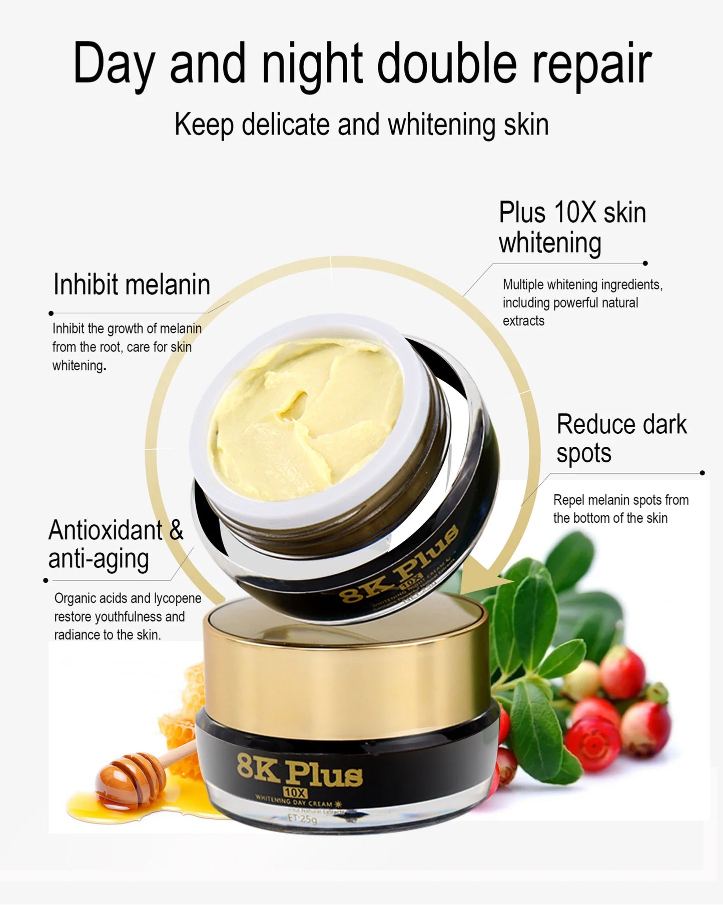 AILKE Whitening Face Cream, Reduce Dark Spots, Sun Spots, Melanin, With Collagen, Glutathione, Even Skin Tone For All Skin Types
