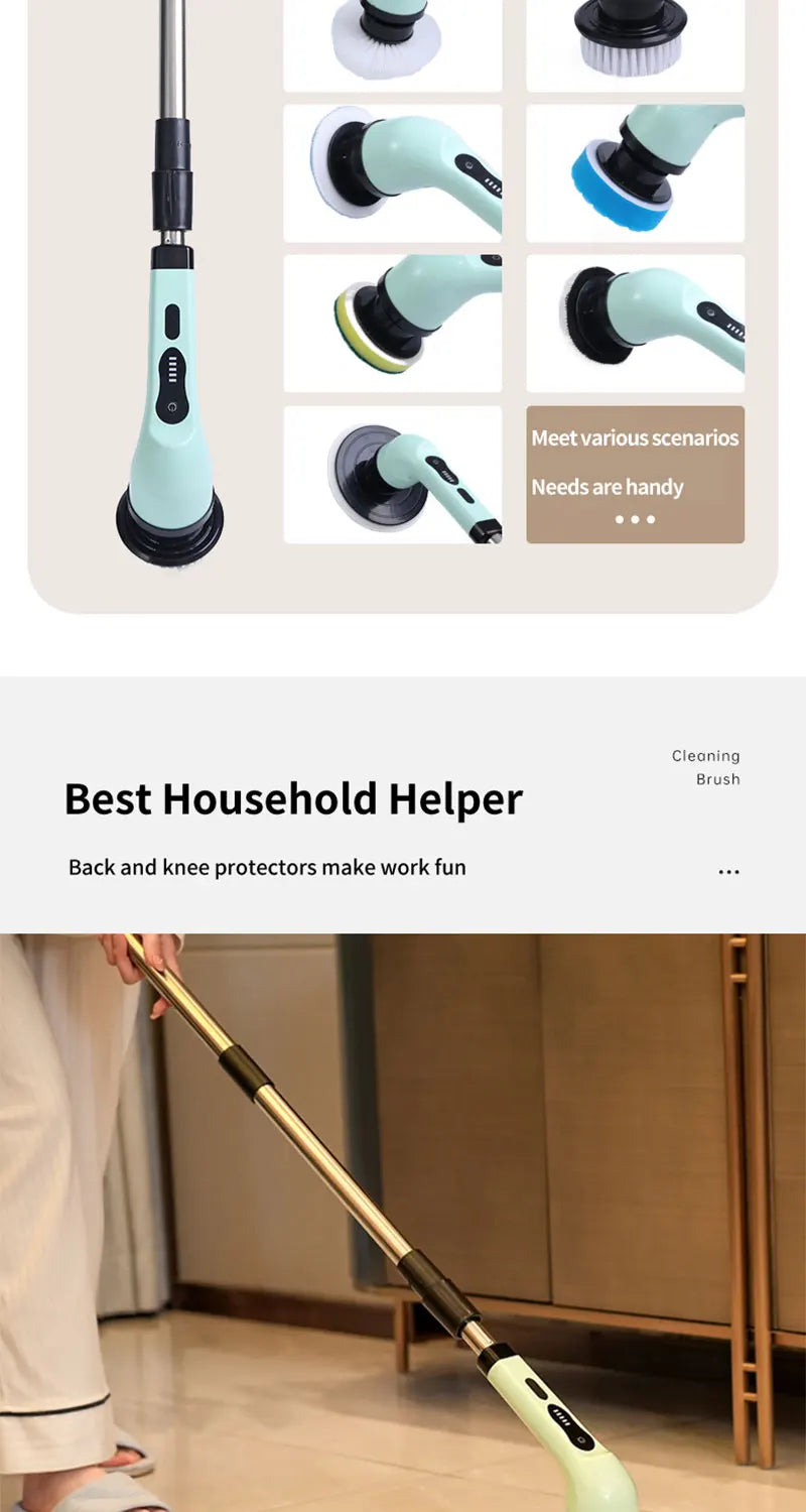 9-in-1 Electric Spin Scrubber - Cordless Shower Brush with Adjustable Handle & Replaceable Heads, Bathroom Tile Scrubber