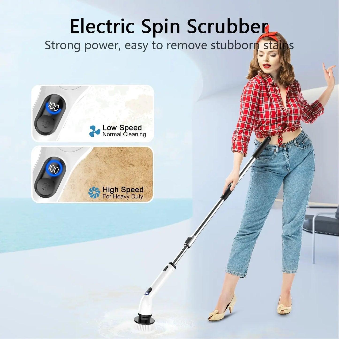 Electric Spin Scrubber, Full-Body Waterproof Bathroom Cleaner with LCD Display, 8 Heads, Adjustable Handle for Bathtub