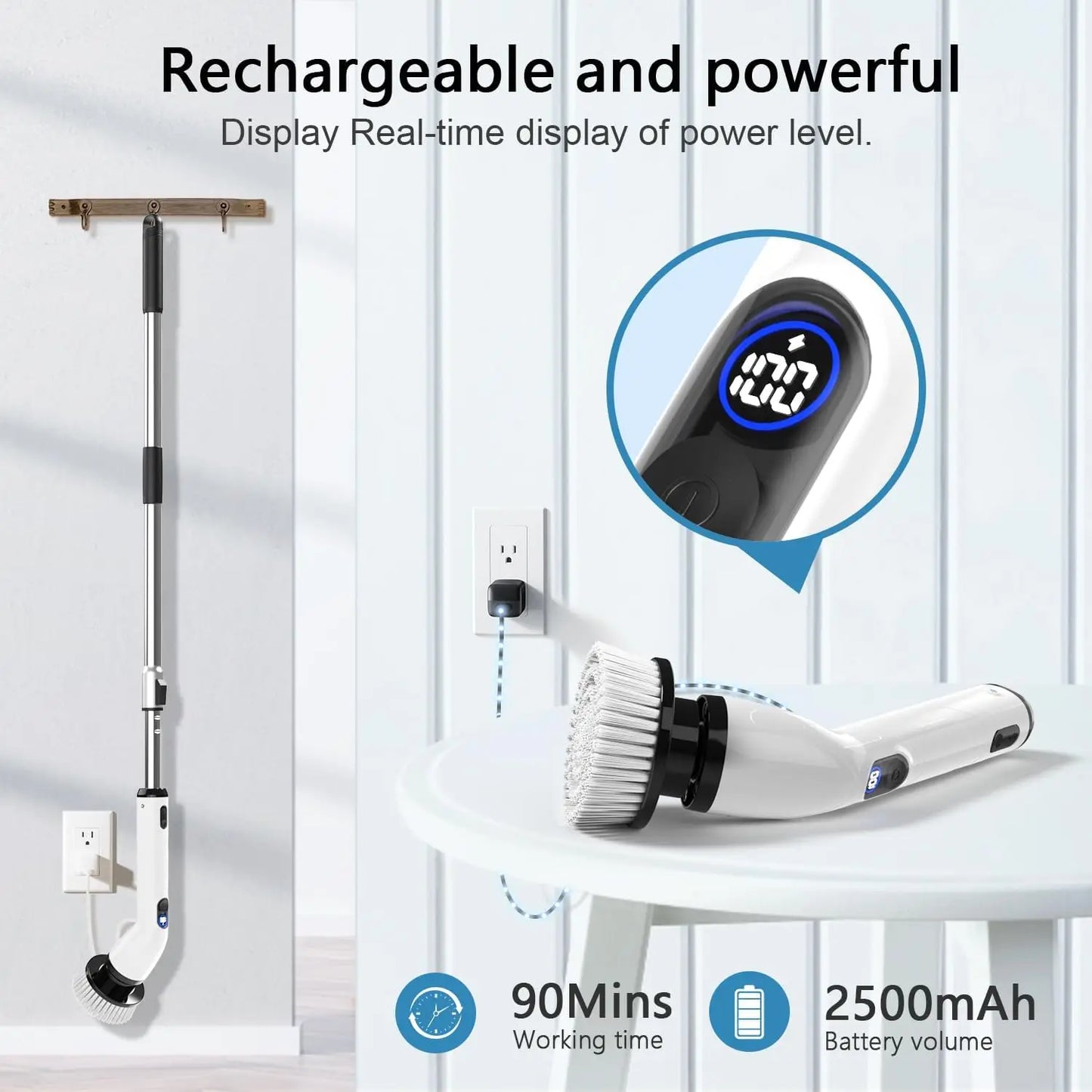 Electric Spin Scrubber, Full-Body Waterproof Bathroom Cleaner with LCD Display, 8 Heads, Adjustable Handle for Bathtub