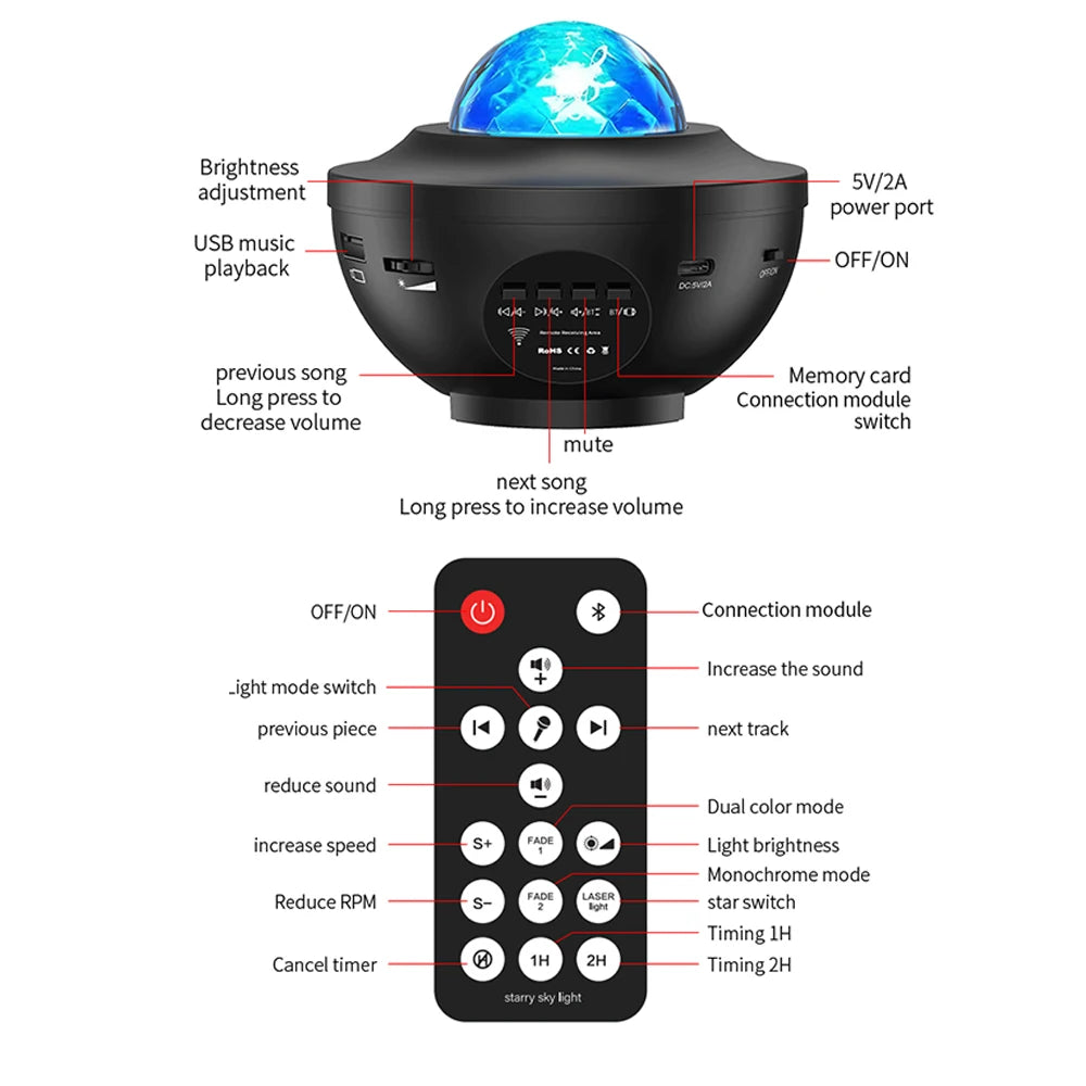 Starry Sky Projector Light LED Night Light Bluetooth Music Player Remote Ocean Wave Galaxy Ambient Light Bedroom Decoration Gift