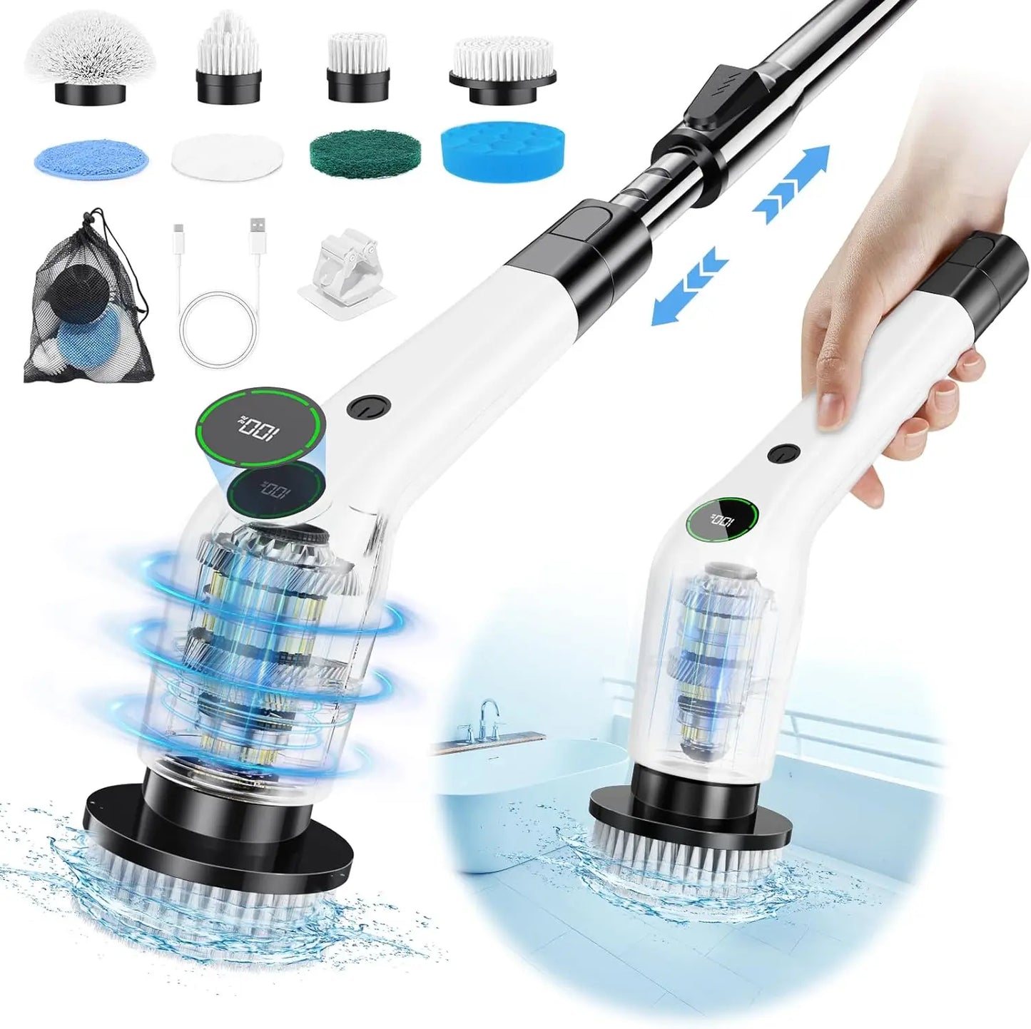 Cordless Electric Spin Scrubber with 8 Brush Heads, 2 Speeds & Adjustable Handle for Bathroom Tile Cleaning