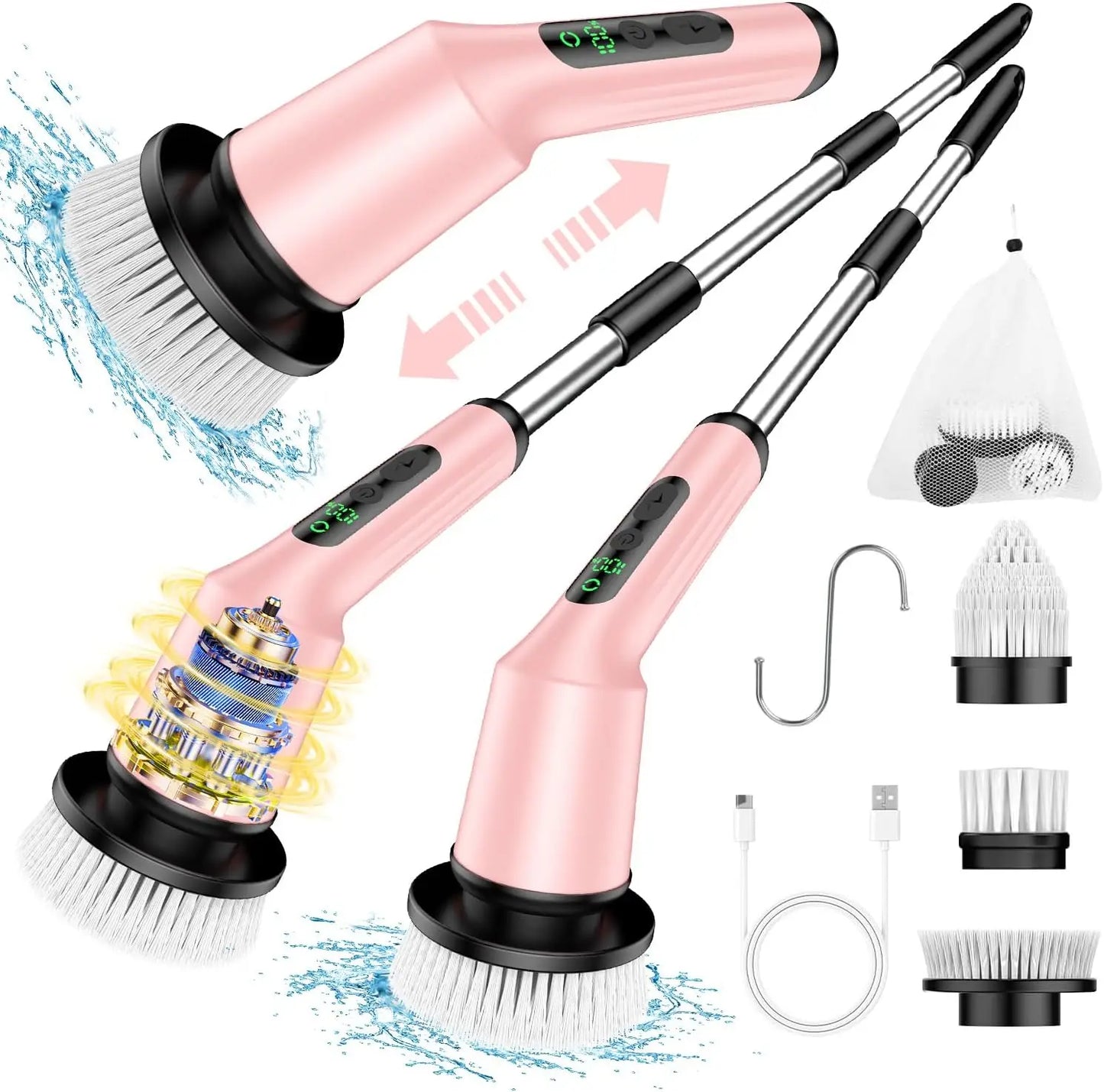 Cordless Electric Spin Scrubber for Bathroom Cleaning, IPX7 Waterproof with 2 Speeds & 3 Brush Heads, Pink