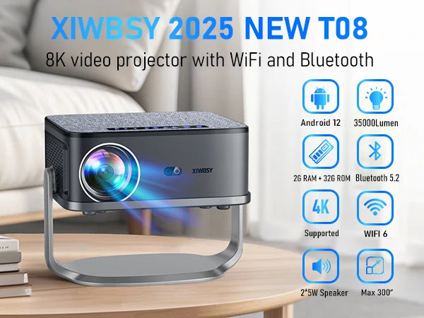 XIWBSY 2025 New T08 Projector 35000Lumens Moive Daylight Projector Android 12.0 Smart Proyector 8K Decode AutoFocus Projector