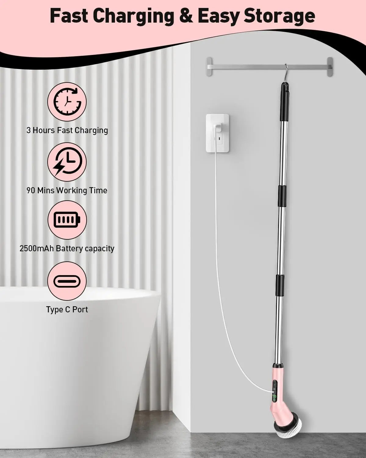 Cordless Electric Spin Scrubber for Bathroom Cleaning, IPX7 Waterproof with 2 Speeds & 3 Brush Heads, Pink
