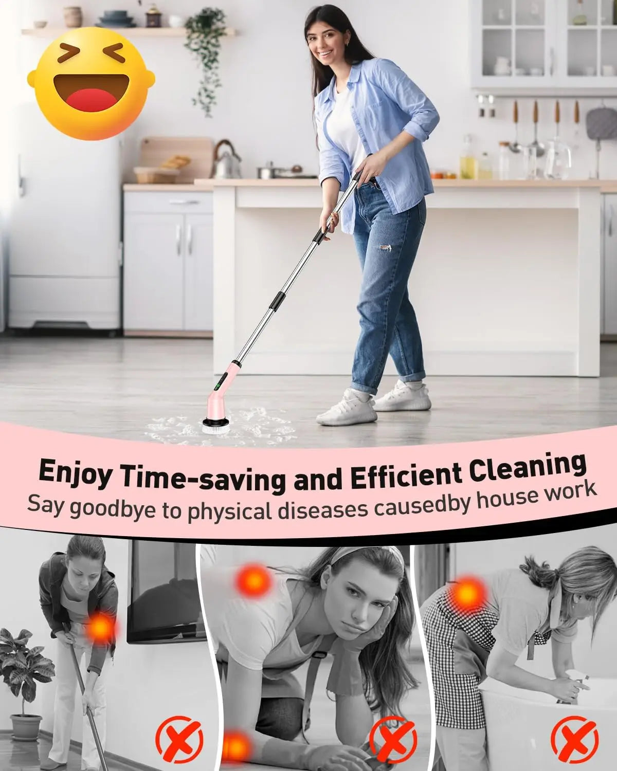 Cordless Electric Spin Scrubber for Bathroom Cleaning, IPX7 Waterproof with 2 Speeds & 3 Brush Heads, Pink