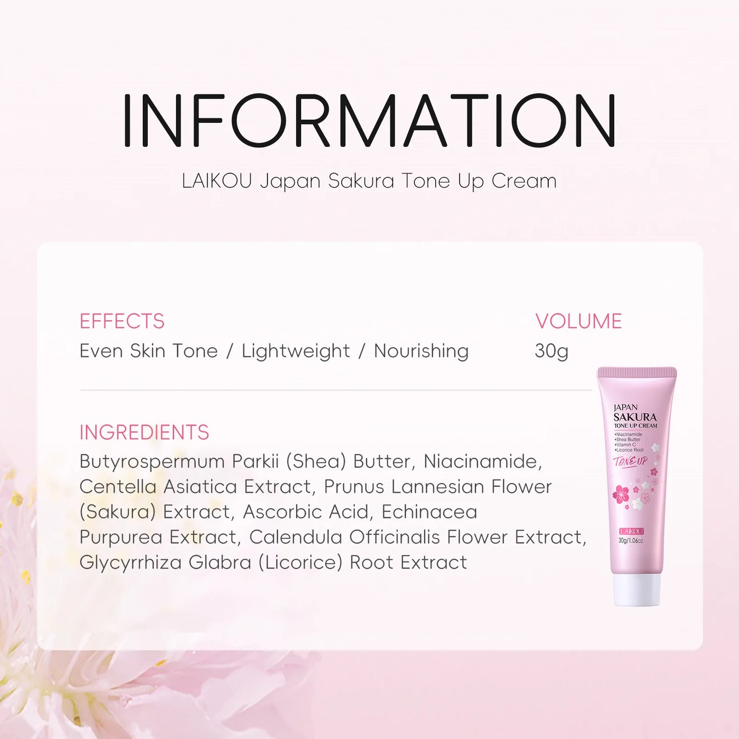 LAIKOU Cherry Blossom Suyan Cream Moisturizing Lazy Face Cream Tone up Brighten Skin Care Products Waterproof Sweatproof 30g