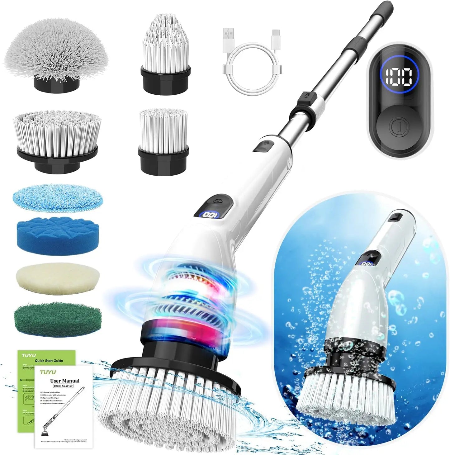 Electric Spin Scrubber, Full-Body Waterproof Bathroom Cleaner with LCD Display, 8 Heads, Adjustable Handle for Bathtub