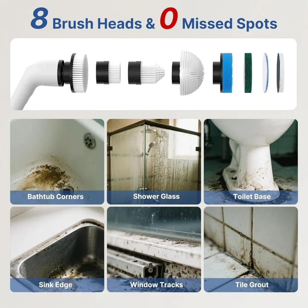 8 in 1 Electric Spin Scrubber for Cleaning Bathroom, 3000mAh Power Scrubber Cordless Cleaner with Long Handle