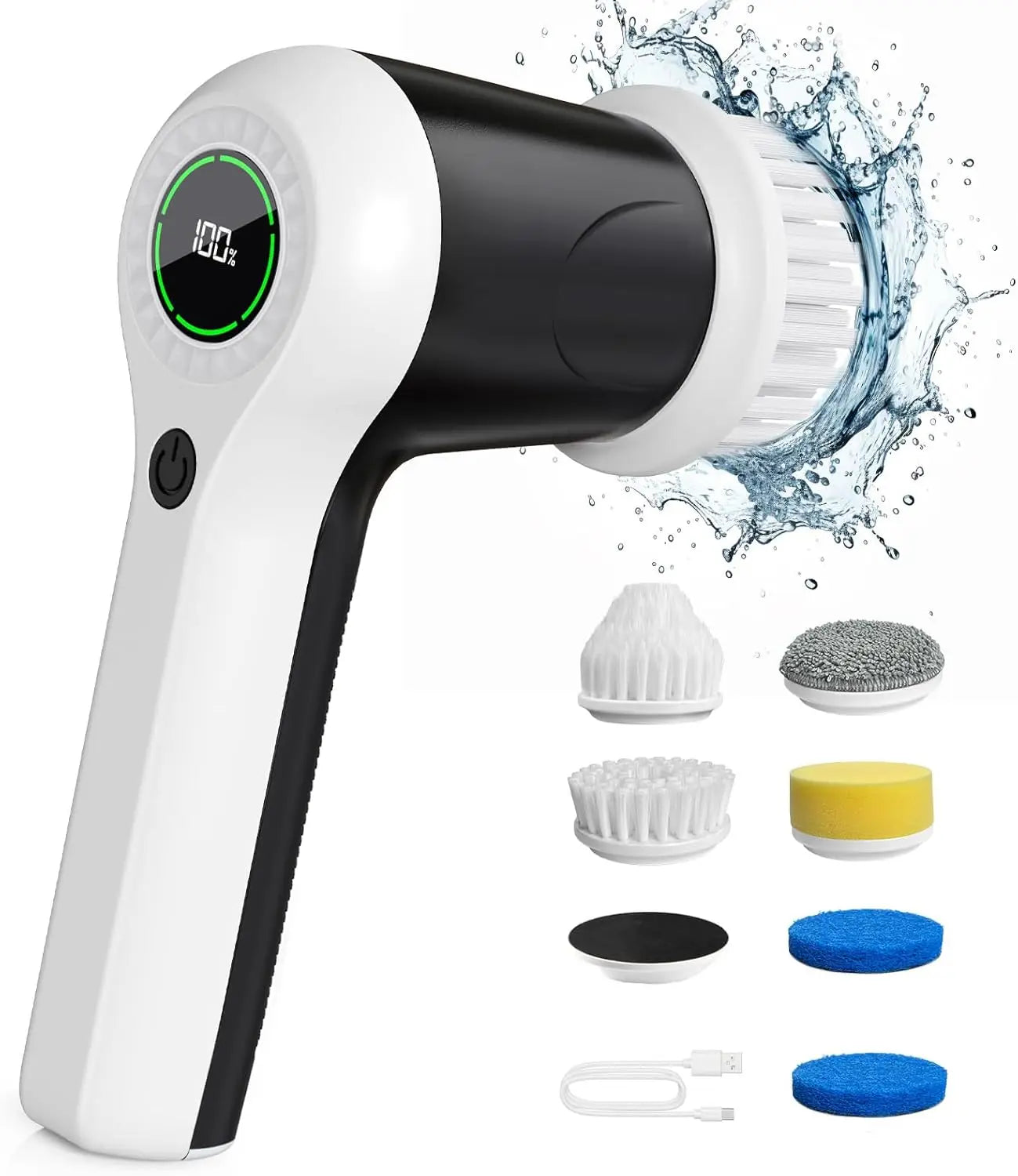 Cordless Electric Spin Scrubber with 6 Brush Heads, 2 Speeds & Battery Display for Bathroom Sink Window Cleaning