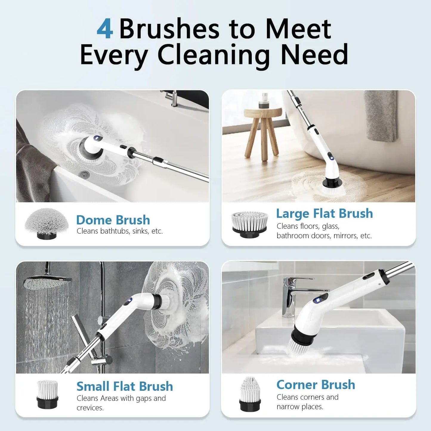 Electric Spin Scrubber, Full-Body Waterproof Bathroom Cleaner with LCD Display, 8 Heads, Adjustable Handle for Bathtub