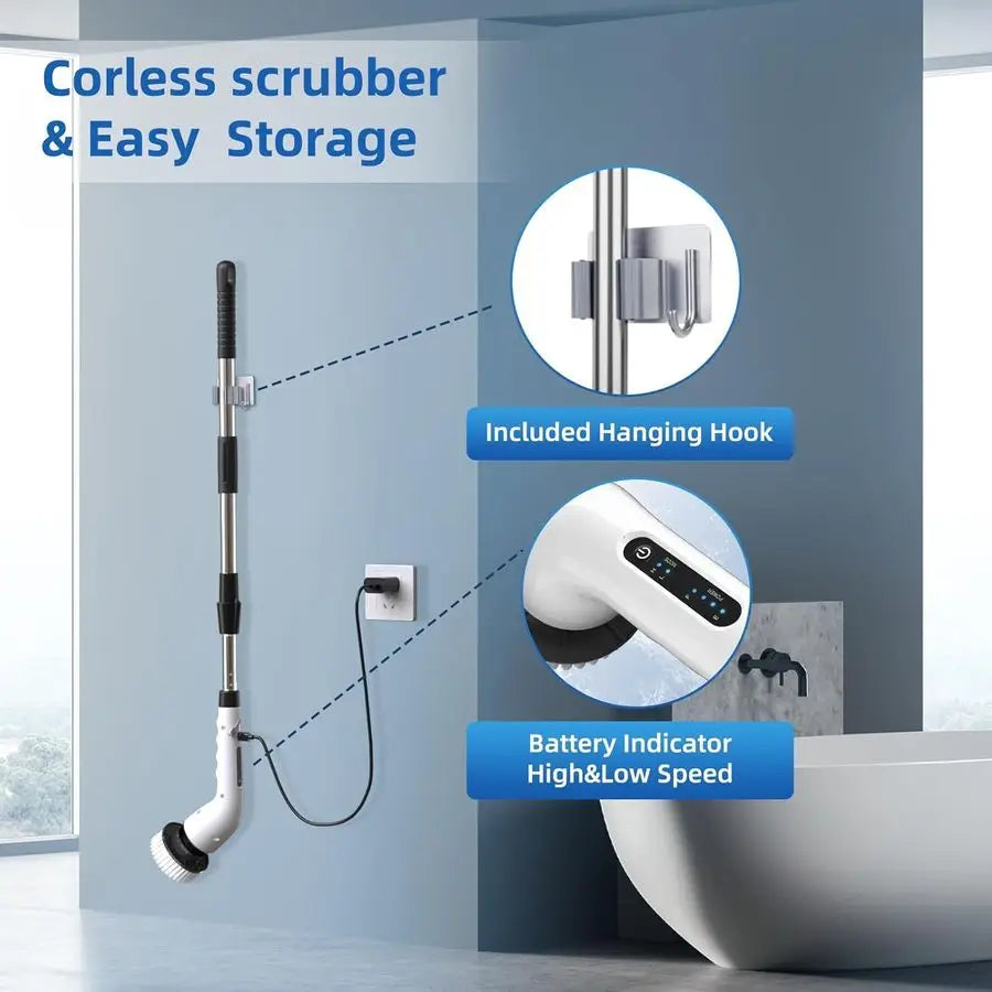 Spin Scrubber Bathroom Adjustable Handle Cordless Shower Scrubber, 2 Speeds, Bathroom Scrubber with 8 Replaceable Brush Heads, P