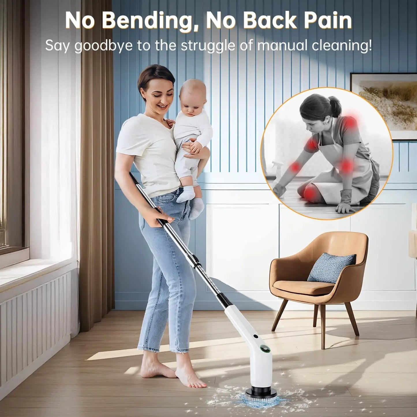 Cordless Electric Spin Scrubber with 8 Brush Heads, 2 Speeds & Adjustable Handle for Bathroom Tile Cleaning