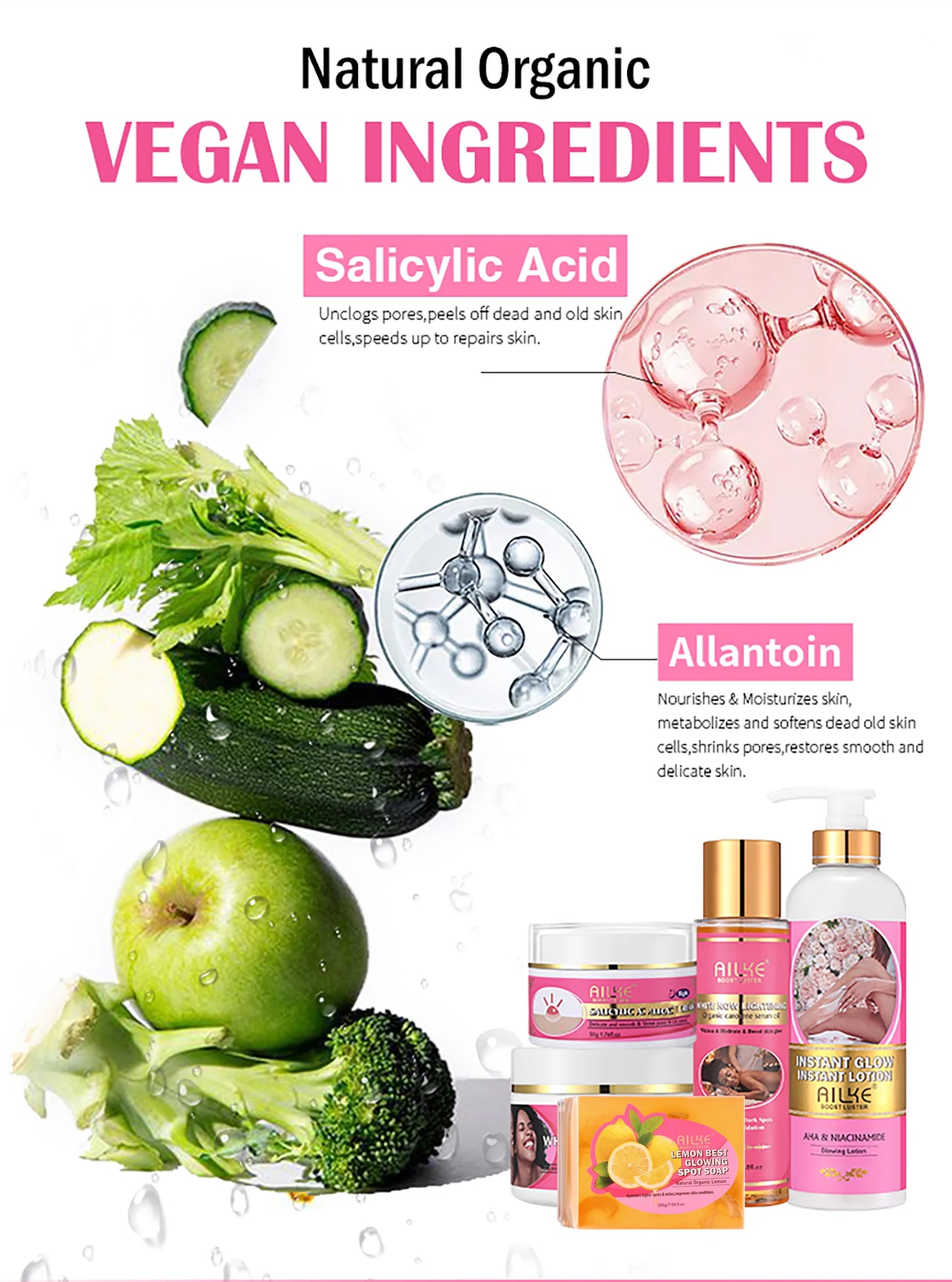 AILKE Natural Skin Brightening Set, Clean Darkness, Acne, Stains, Moisturize, Lightening, Smooth, Improve Rough and Dry Skin