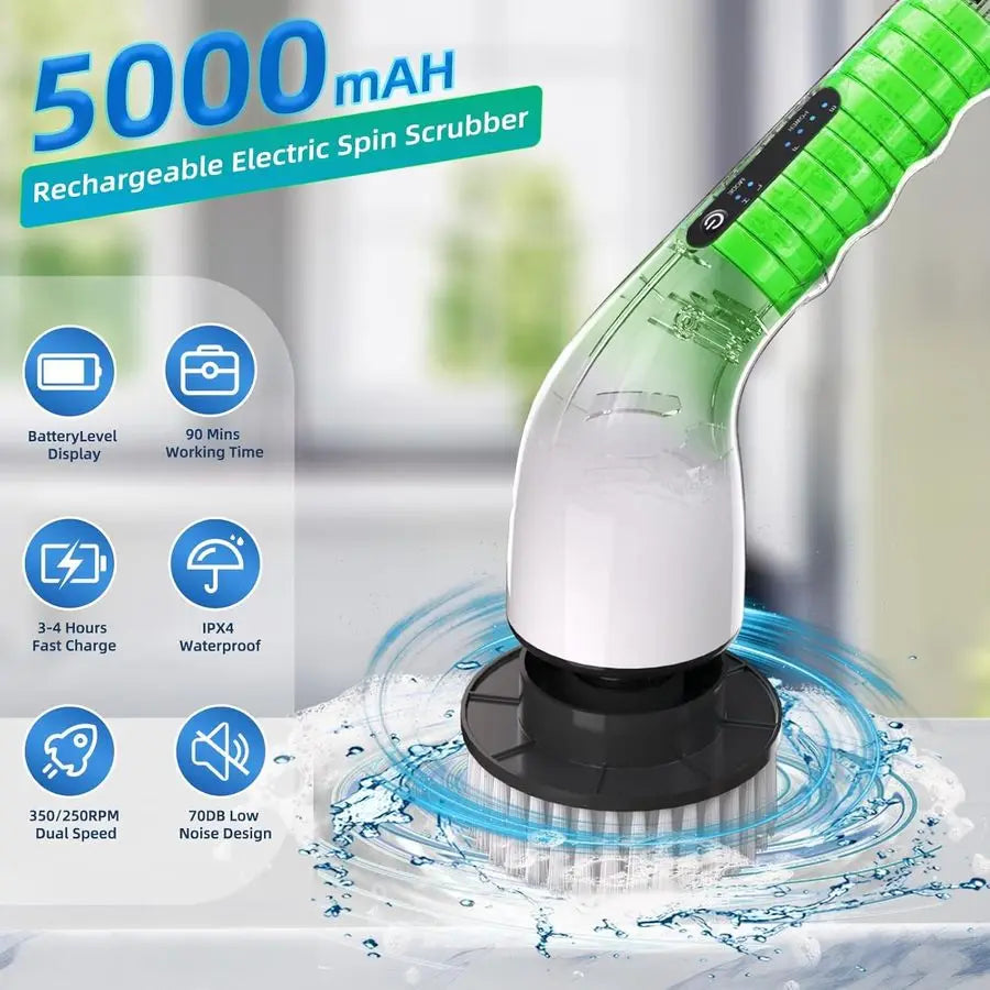 Spin Scrubber Bathroom Adjustable Handle Cordless Shower Scrubber, 2 Speeds, Bathroom Scrubber with 8 Replaceable Brush Heads, P