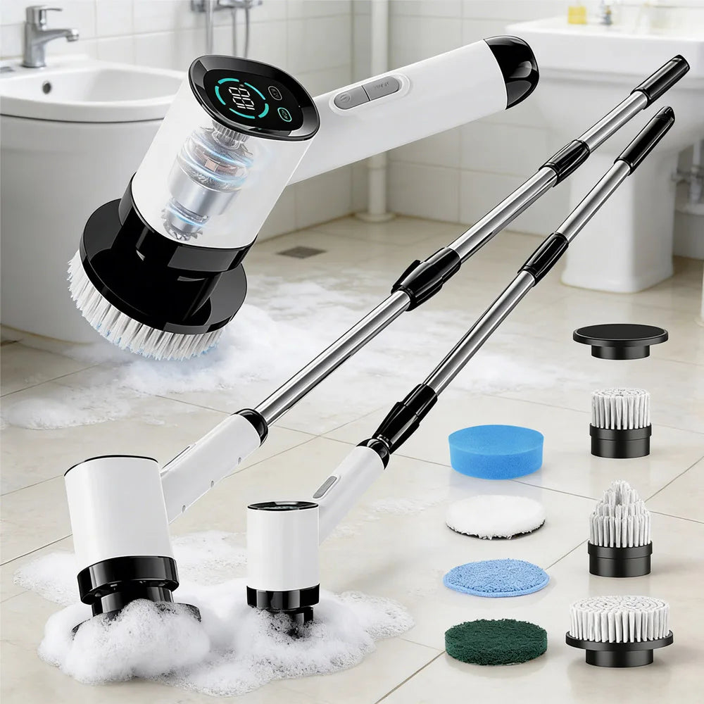 Cordless Electric Spin Scrubber with Dual Speed Settings Adjustable Detachable Handle with 7 Interchangeable Brush Head for Home