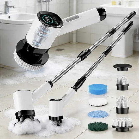 Cordless Electric Spin Scrubber with Dual Speed Settings Adjustable Detachable Handle with 7 Interchangeable Brush Head for Home