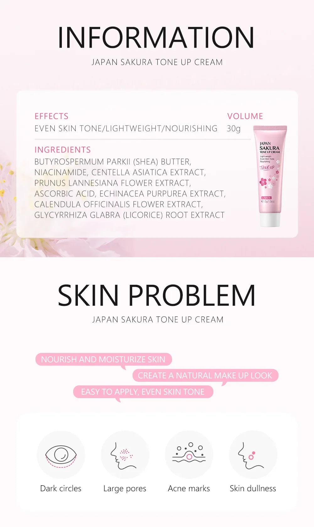 LAIKOU Cherry Blossom Suyan Cream Moisturizing Lazy Face Cream Tone up Brighten Skin Care Products Waterproof Sweatproof 30g