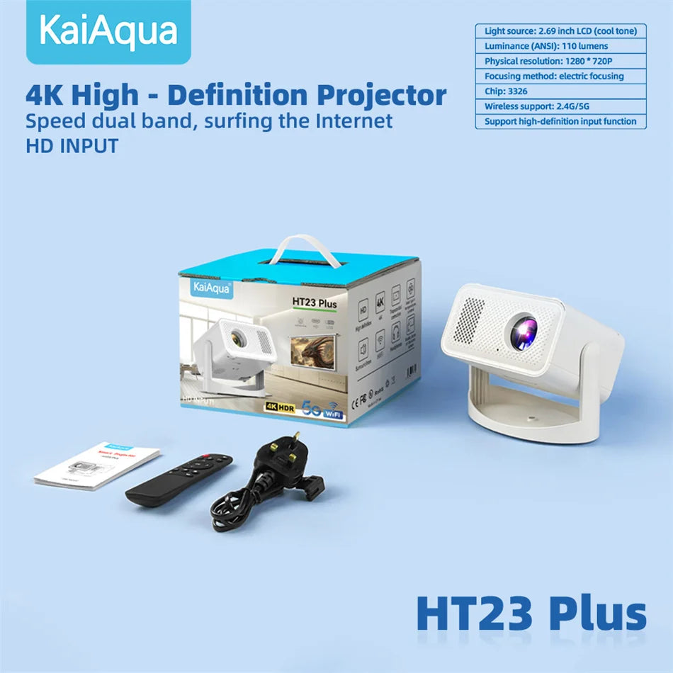 KaiAqua Projector HT23 PLUS 4K Android 11 Dual Wifi6 260ANSI Allwinner H713 BT5.0 1080P 1280*720P Home Cinema Outdoor Projetor