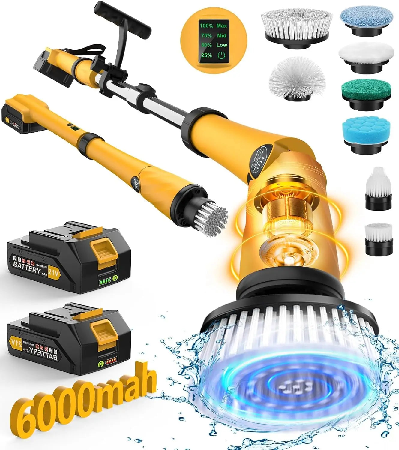 Cordless Electric Spin Scrubber For Tub Floor Tile Shower Large Brush Battery Power 6000 Mah 1200 Rpm 8 Brushes