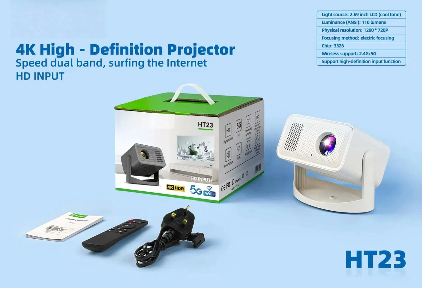 KaiAqua Projector HT23 PLUS 4K Android 11 Dual Wifi6 260ANSI Allwinner H713 BT5.0 1080P 1280*720P Home Cinema Outdoor Projetor