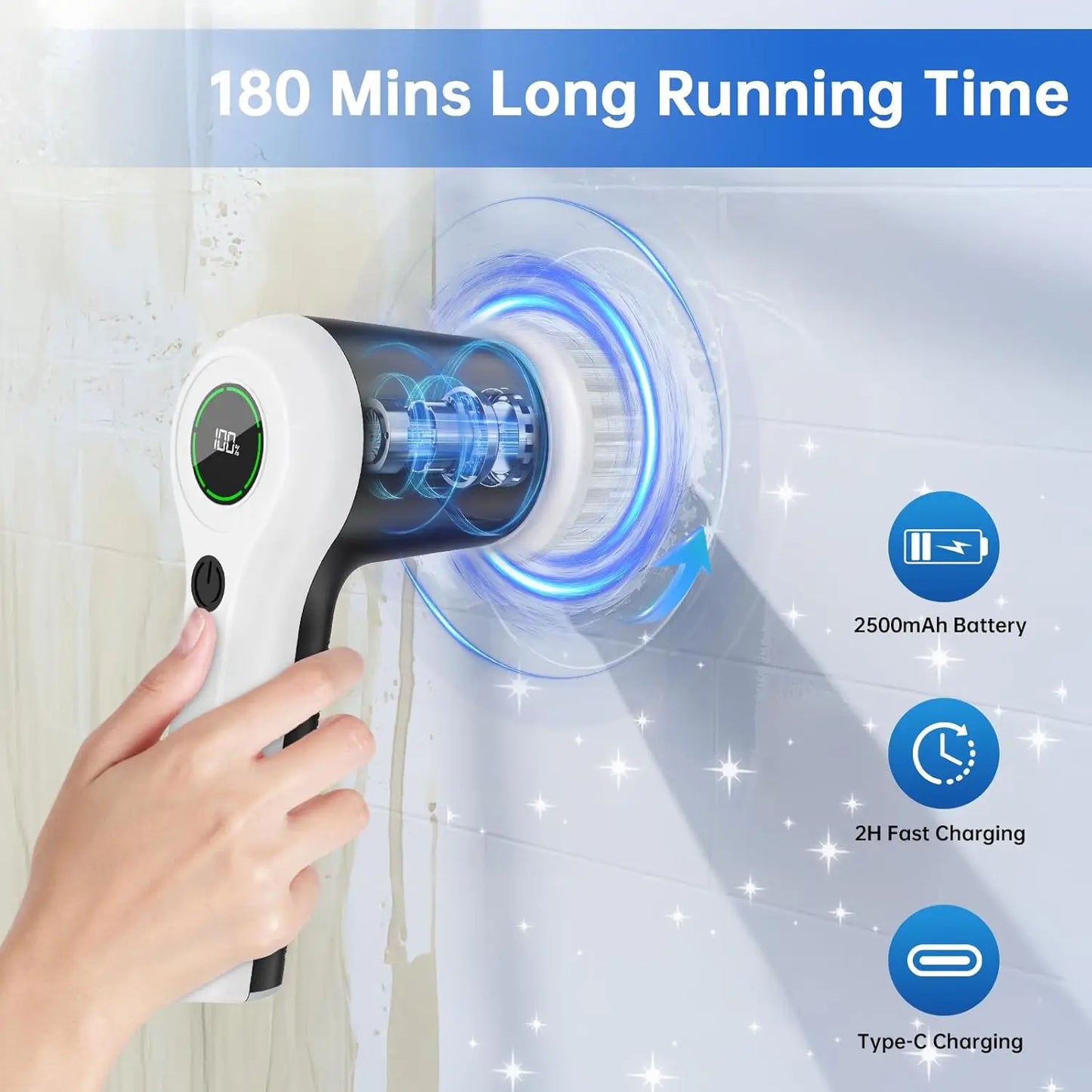 Cordless Electric Spin Scrubber with 6 Brush Heads, 2 Speeds & Battery Display for Bathroom Sink Window Cleaning