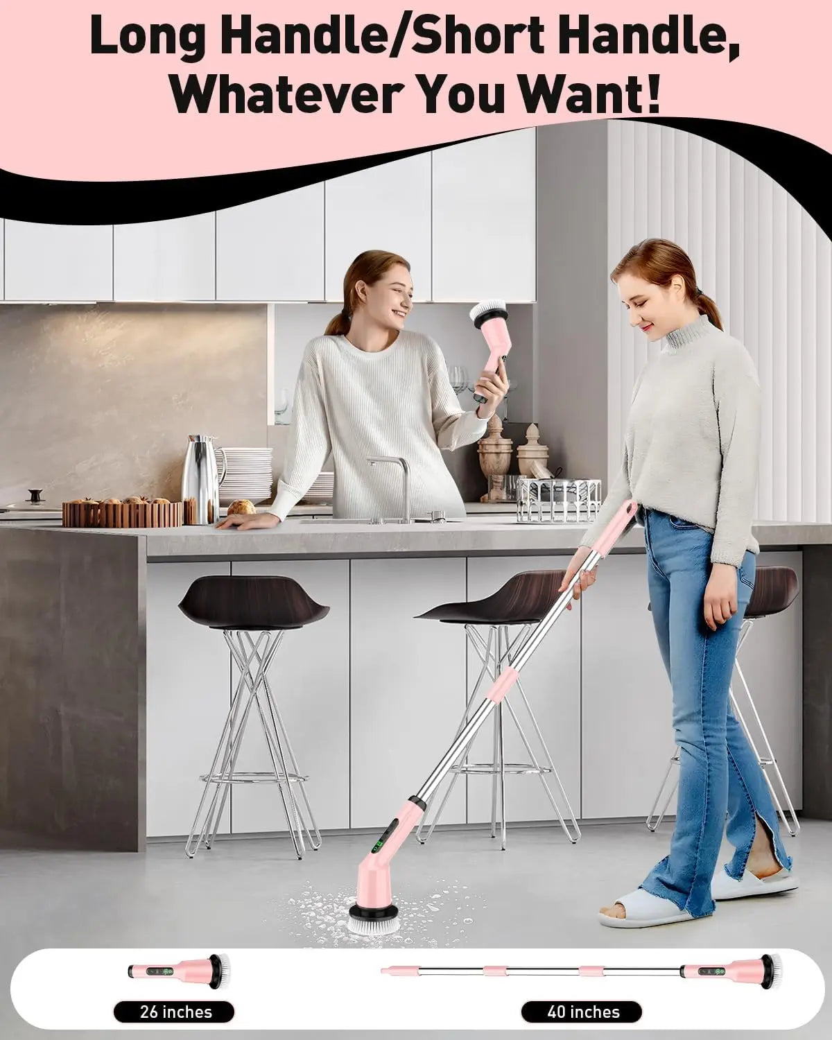 Cordless Electric Spin Scrubber for Bathroom Cleaning, IPX7 Waterproof with 2 Speeds & 3 Brush Heads, Pink