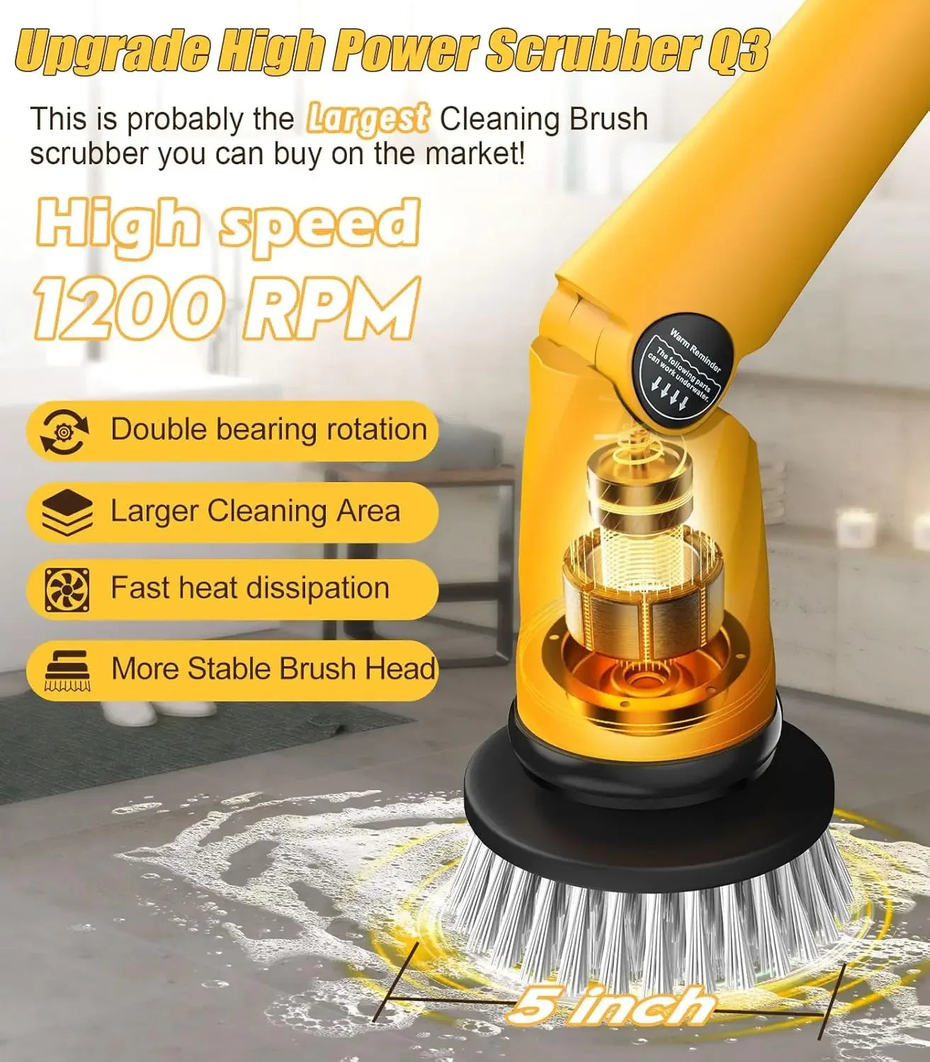 Cordless Electric Spin Scrubber For Tub Floor Tile Shower Large Brush Battery Power 6000 Mah 1200 Rpm 8 Brushes