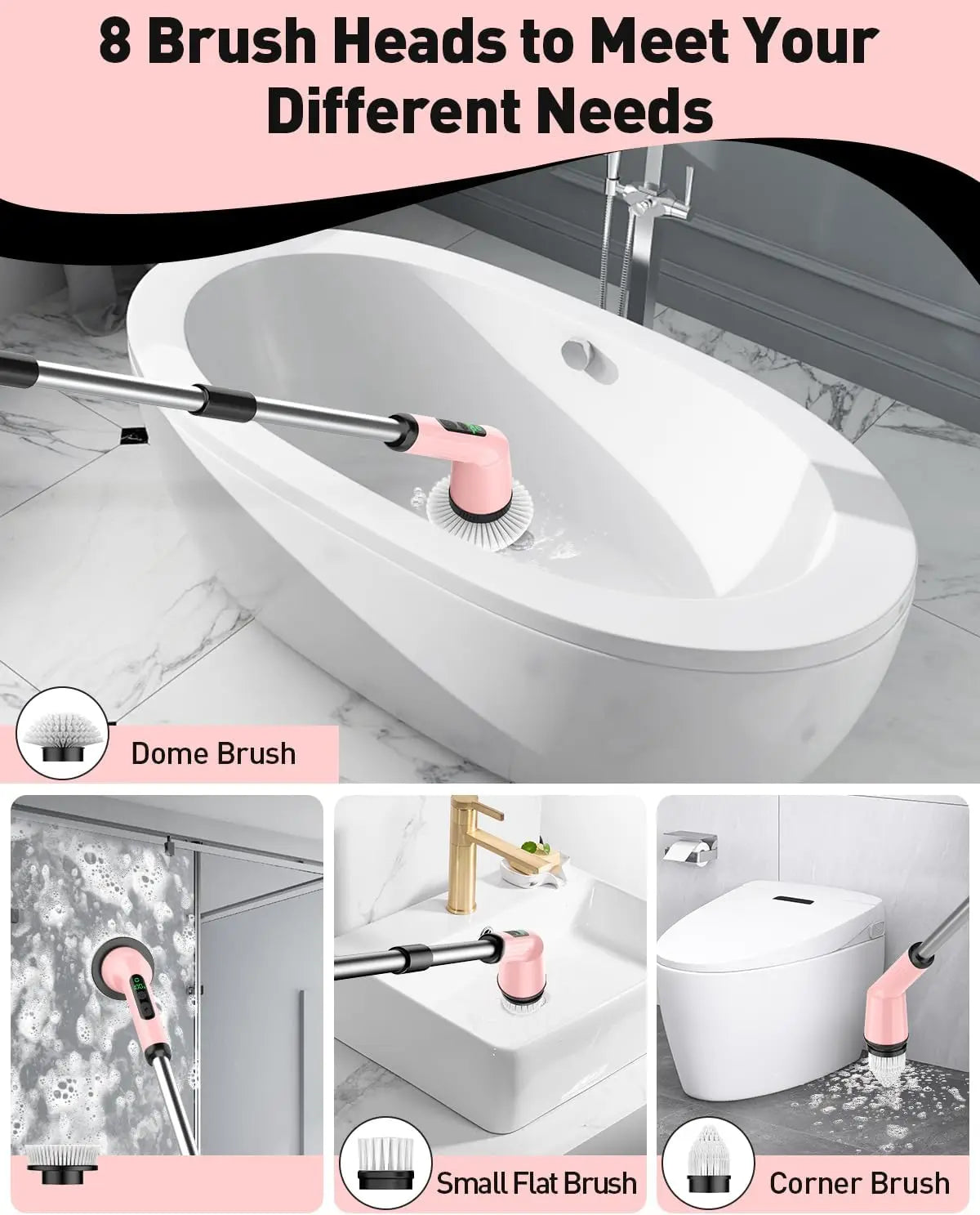Cordless Electric Spin Scrubber for Bathroom Cleaning, IPX7 Waterproof with 2 Speeds & 3 Brush Heads, Pink